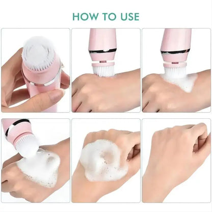 4-in-1 Electric Facial Cleansing Brush - Waterproof Rechargeable Skin Spa Kit