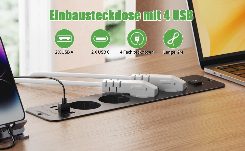 Retractable Desktop Power Strip with 4/6 AC Outlets, USB-C & PD 20W Fast Charge - 7