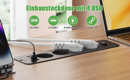 Retractable Desktop Power Strip with 4/6 AC Outlets, USB-C & PD 20W Fast Charge