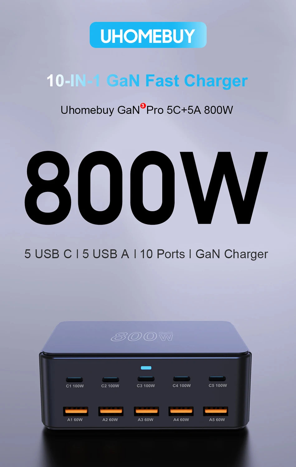 10-Port 800W GaN Desktop Fast Charging Station - 100W USB-C PD Charger - 7