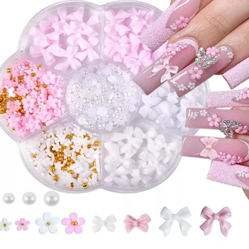 3D Mixed Nail Art Decoration Set - Acrylic Bows, Flowers & Pearl Charms