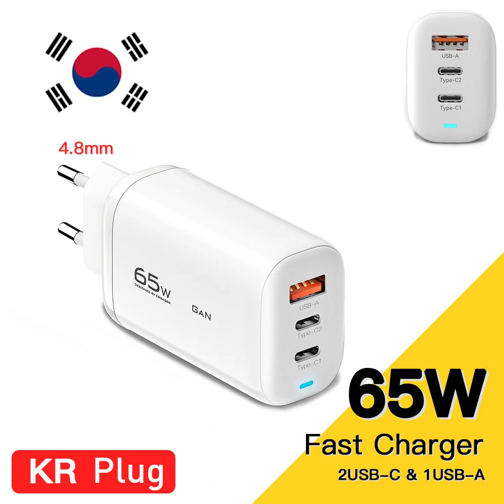 65W GaN Fast Charger - Triple Port USB-C Wall Charger for Laptop & Phone