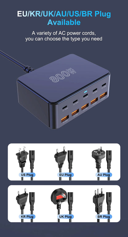10-Port 800W GaN Desktop Fast Charging Station - 100W USB-C PD Charger