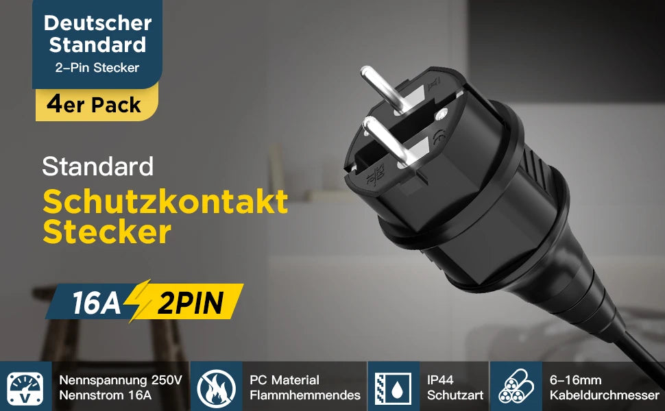 IP44 Waterproof Schuko Plug - Heavy Duty 16A 250V Rewireable EU Power Connector - 8