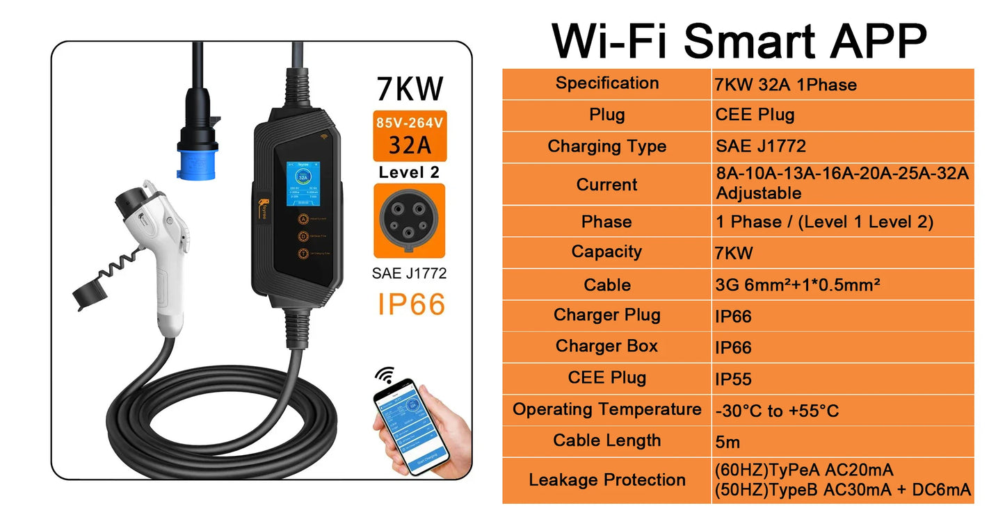 Portable J1772 EV Charger Level 2 - Smart WiFi App Control & Fast Charging