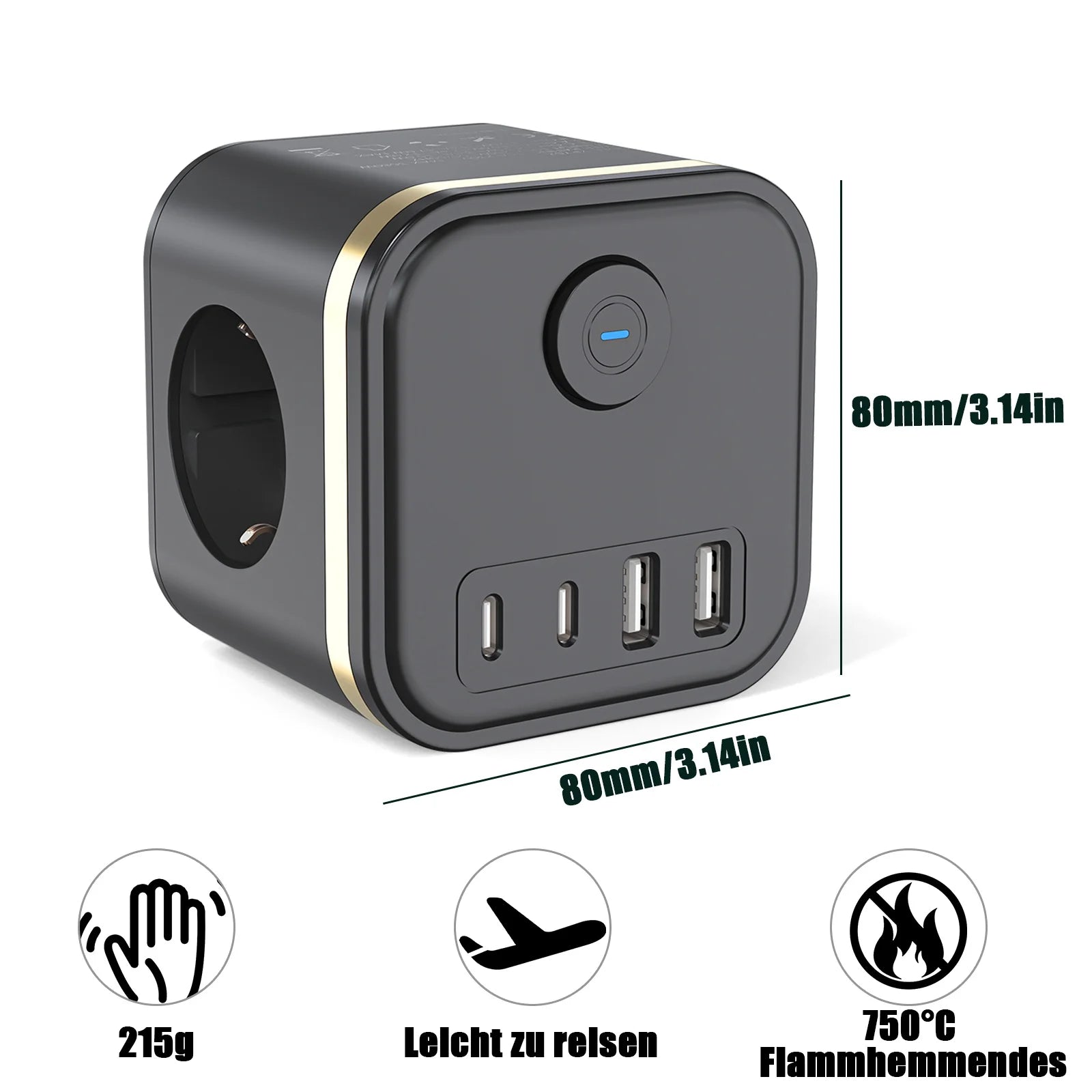 7-in-1 European Power Strip Cube with 4 USB/Type-C Fast Charging Ports - 5