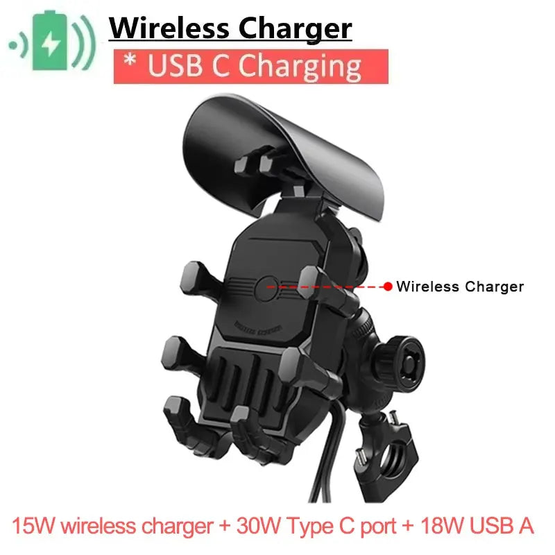 Motorcycle Phone Mount with 15W Wireless & 30W USB-C Fast Charger