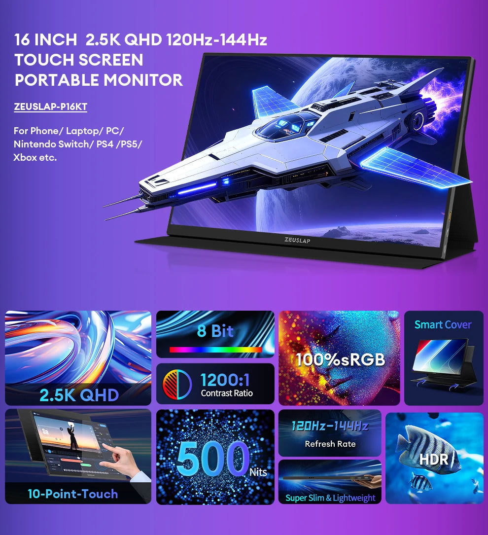 16" 2.5K 144Hz Portable Touchscreen Monitor - QHD IPS Travel Display - 8