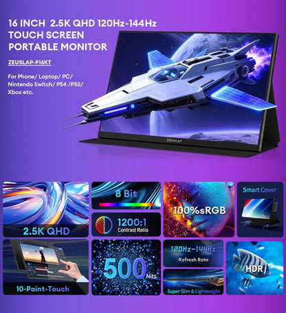 16" 2.5K 144Hz Portable Touchscreen Monitor - QHD IPS Travel Display