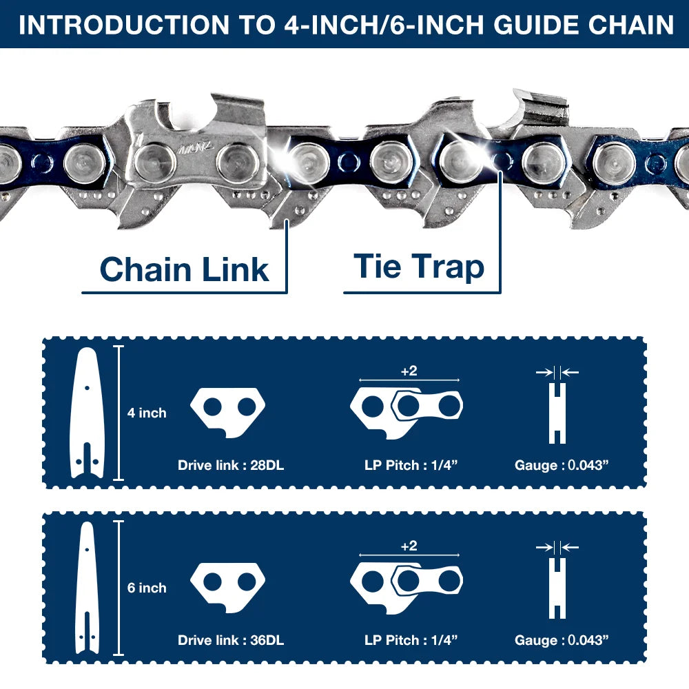 4 & 6-Inch Replacement Chains and Guide Bar Set for Mini Cordless Chainsaws