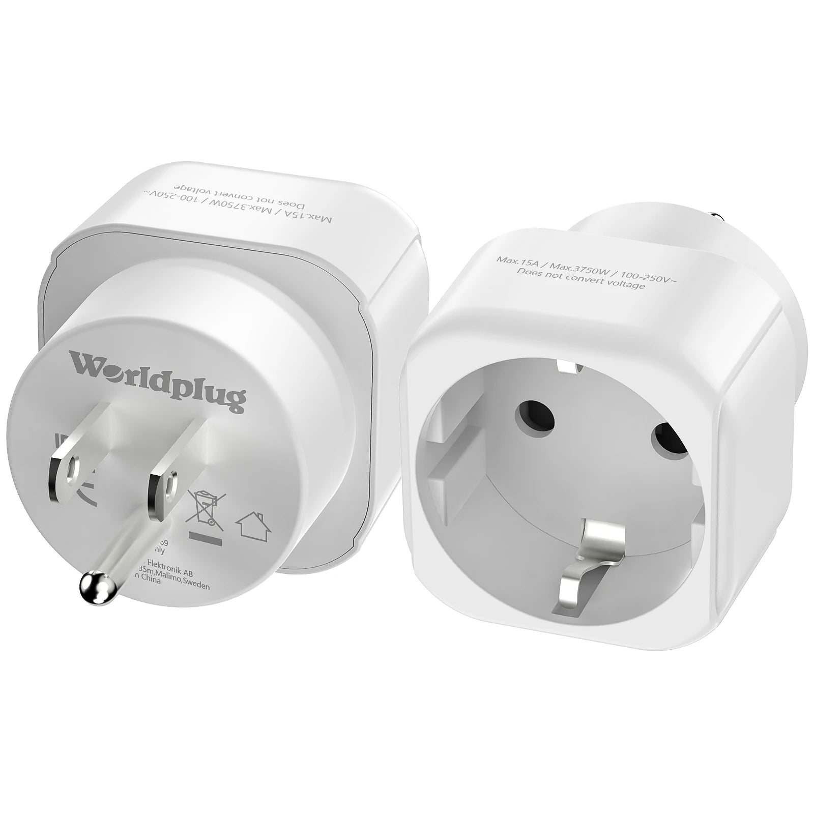 Universal Travel Plug Adapter 2-Pack - Convert EU to US, IT, CH, SA - 16