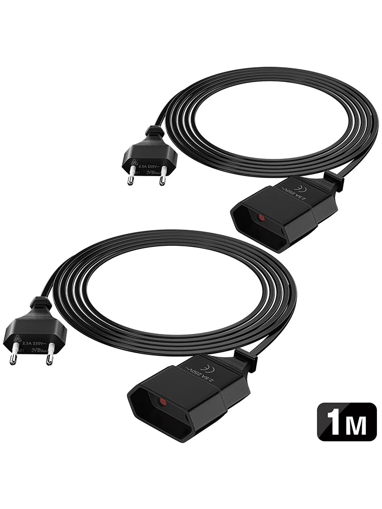 2pcs 1m Euro Plug Power Extension Cable - High-Quality 2.5A/250V Cord - 13