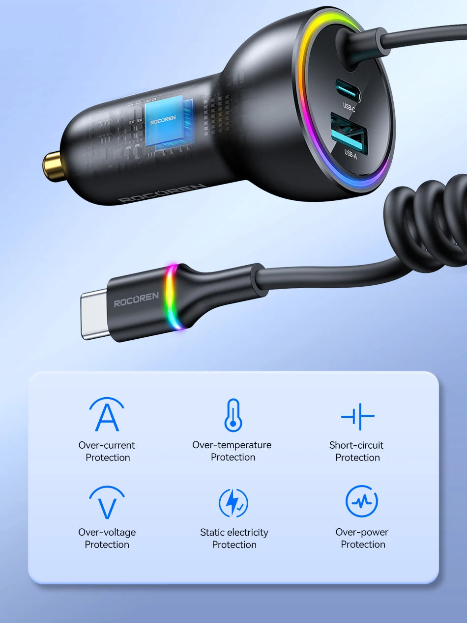 70W Fast USB-C Car Charger with 1.6m Retractable Spring Cable - 21