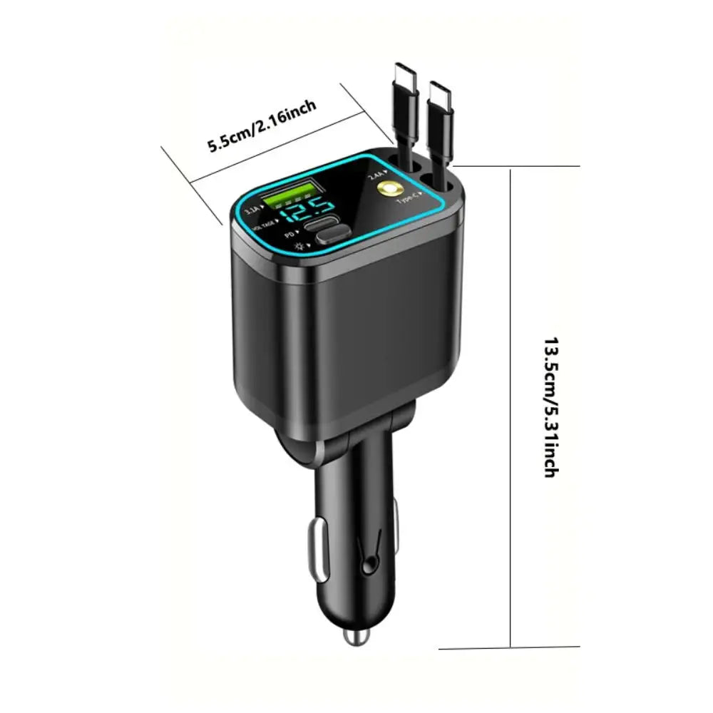 4-in-1 Retractable 100W Fast Car Charger with LED Starlight & Display
