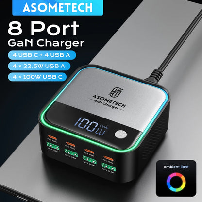 100W GaN 8-Port Desktop USB Charger with LED Digital Display & Lighting
