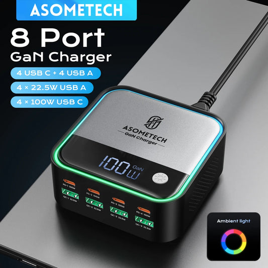 100W GaN 8-Port Desktop USB Charger with LED Digital Display & Lighting