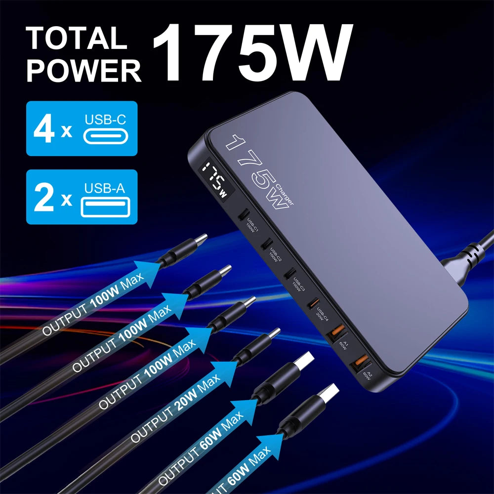 175W GaN Fast Charger with 6-Port Desktop Power Hub & LED Display - 4