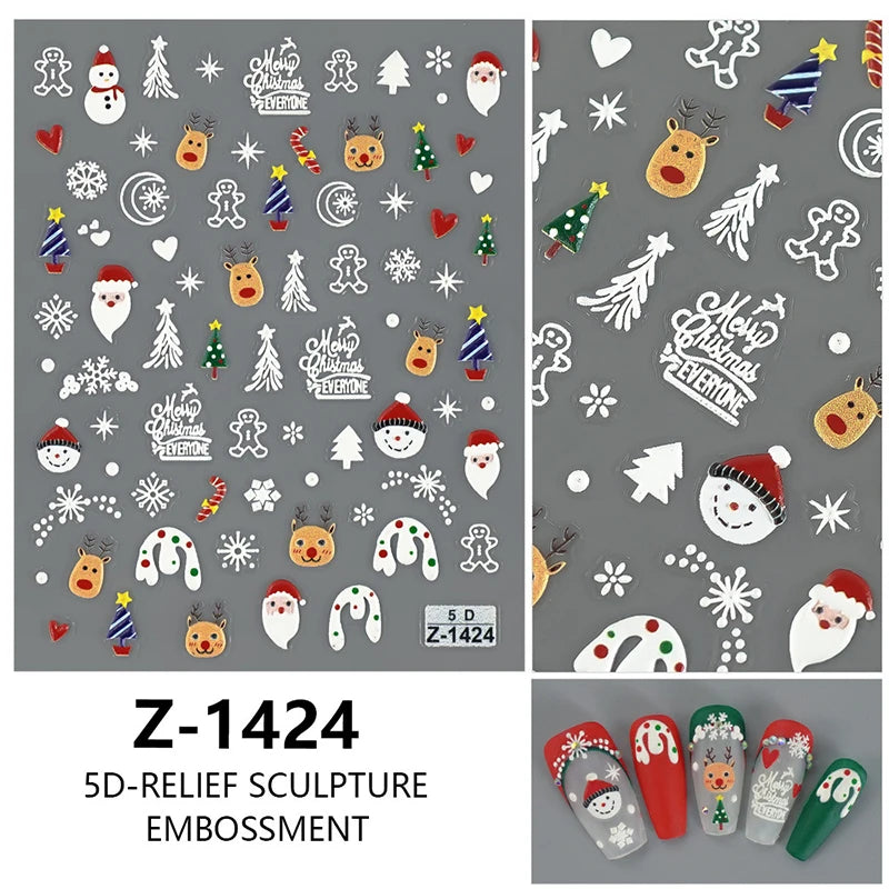 3D Christmas Nail Art Stickers - Festive Snowman & Snowflake Manicure Decals - 56