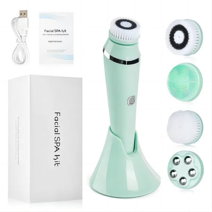 4-in-1 Electric Facial Cleansing Brush - Waterproof Rechargeable Skin Spa Kit