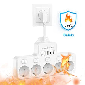 9-in-1 EU Power Strip: 5 AC Outlets & 4 USB Fast Charging Ports