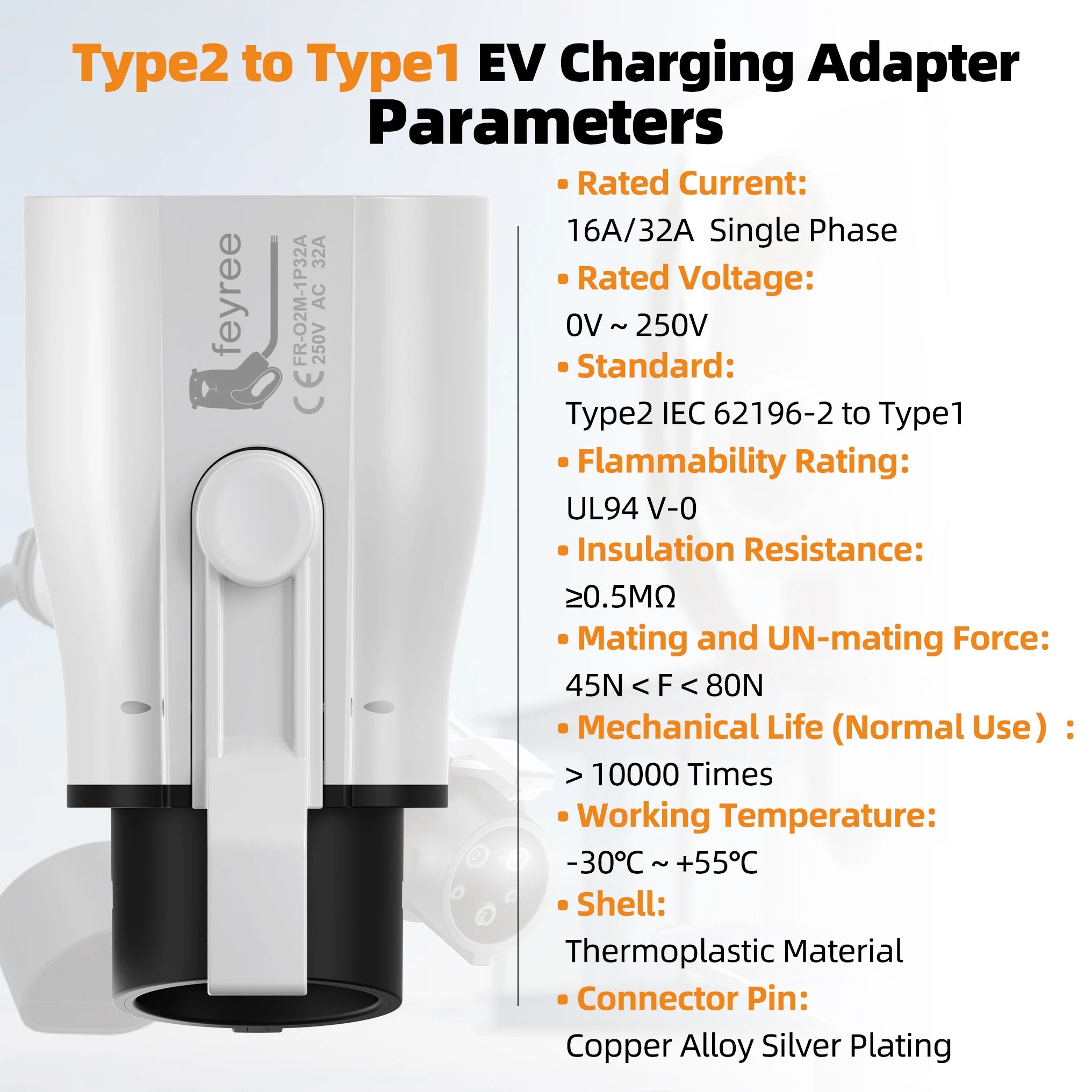 EV Charger Adapter Type 2 to Type 1 - 32A 7KW Fast Charging Connector - 11
