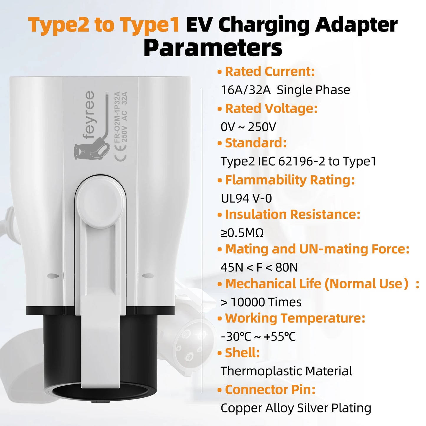 EV Charger Adapter Type 2 to Type 1 - 32A 7KW Fast Charging Connector