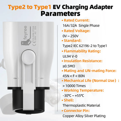 EV Charger Adapter Type 2 to Type 1 - 32A 7KW Fast Charging Connector