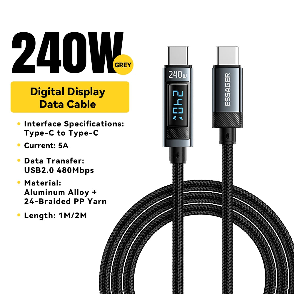 Essager 240W USB-C to USB-C Fast Charging Cable with LED Power Display