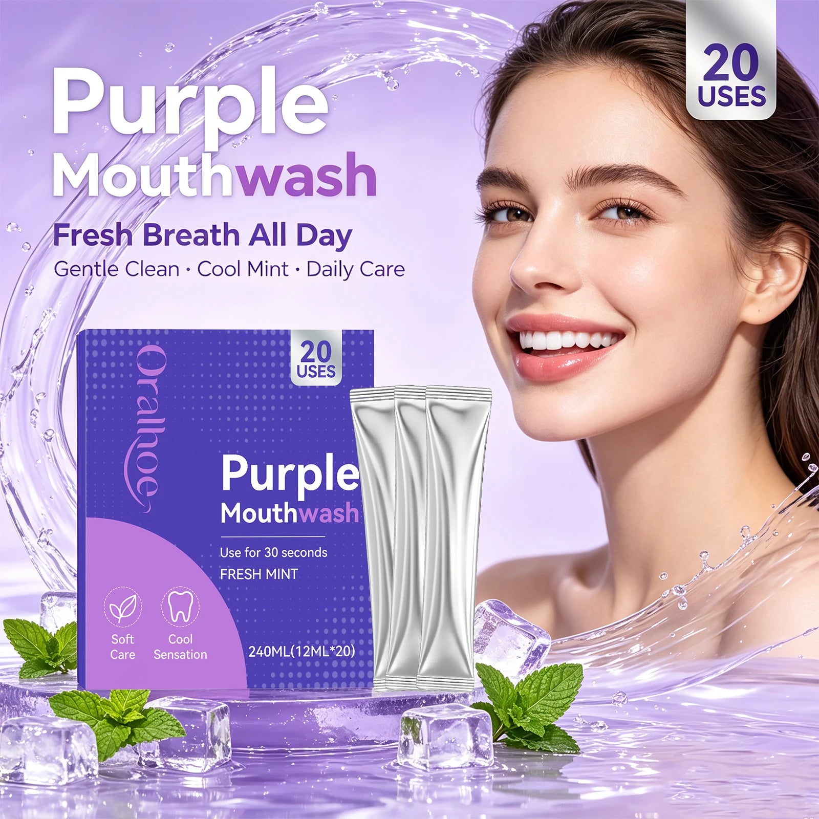 Purple Mint Mouthwash Single-Use Travel Sachets for Fresh Breath & Oral Care - 6