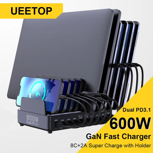 600W 10-Port GaN Desktop Charging Station - Fast PD 3.1 USB-C Charger