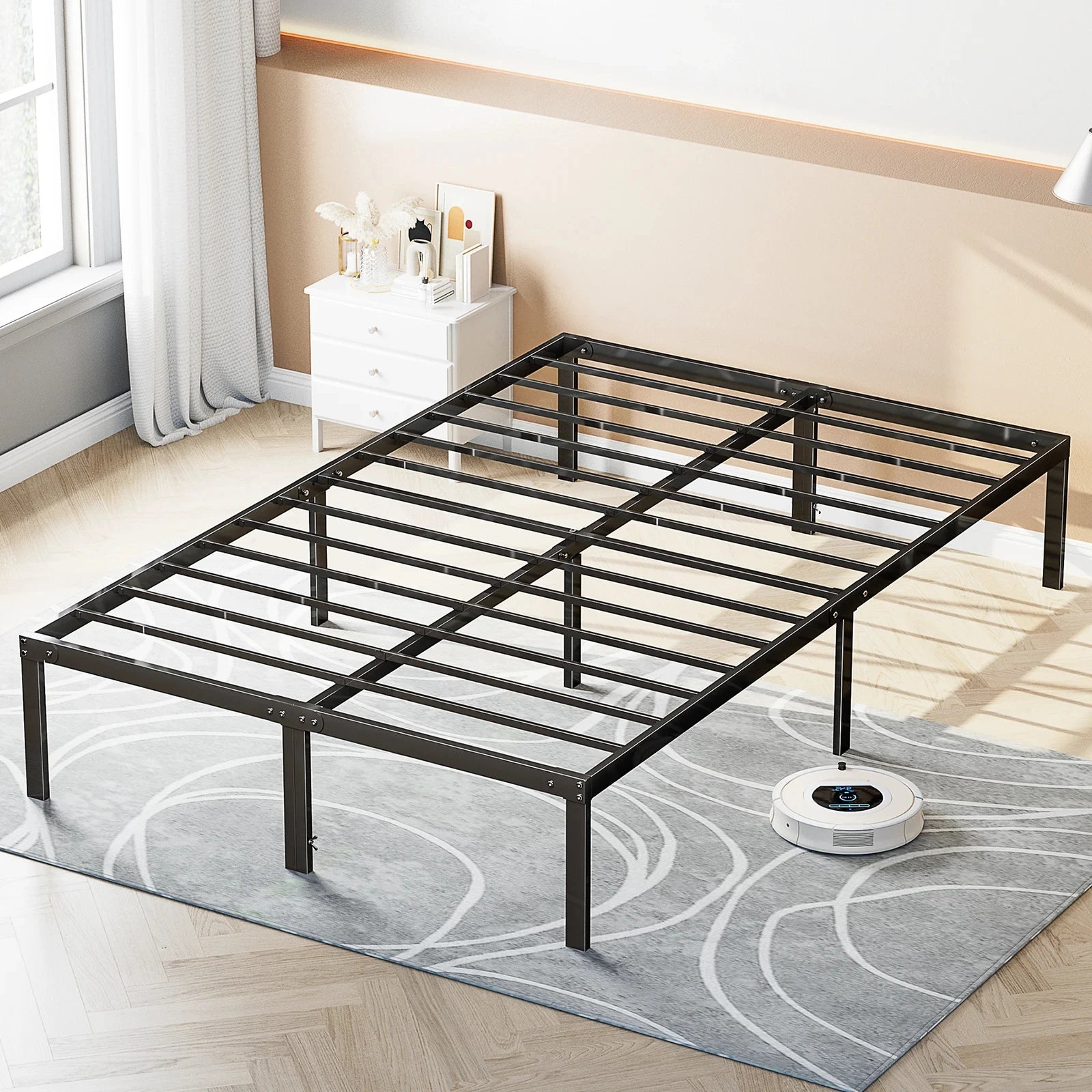 Heavy-Duty Metal Platform Bed Frame - Sturdy Steel Slat Support - 17