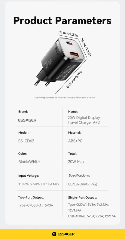 33W GaN Dual Port USB-C Fast Charger with Real-Time Digital Display