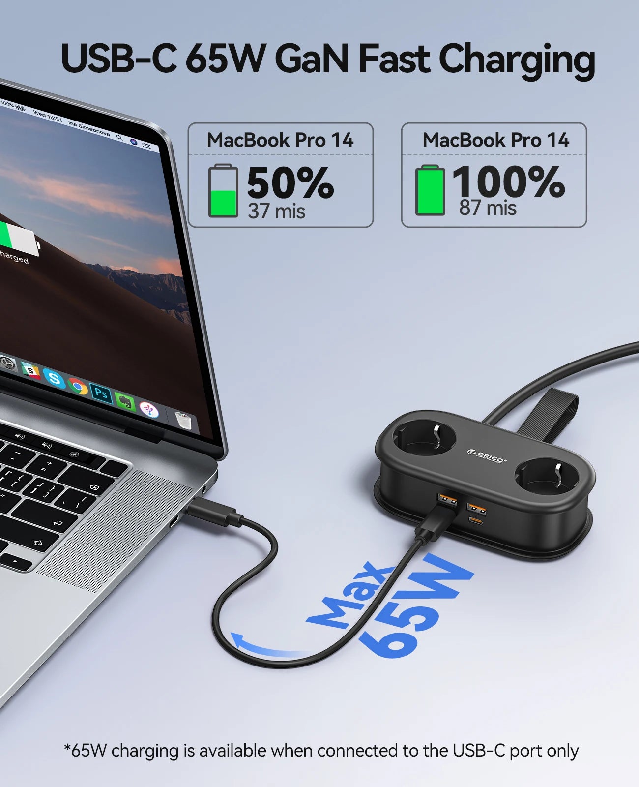 65W GaN 6-in-1 Fast Charging Power Strip - 2 AC Outlets, 2 USB-A, 2 USB-C