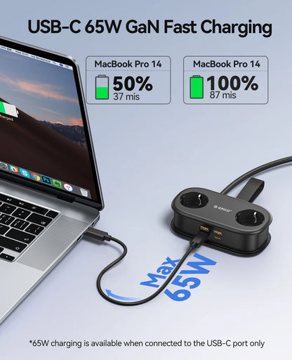 65W GaN 6-in-1 Fast Charging Power Strip - 2 AC Outlets, 2 USB-A, 2 USB-C