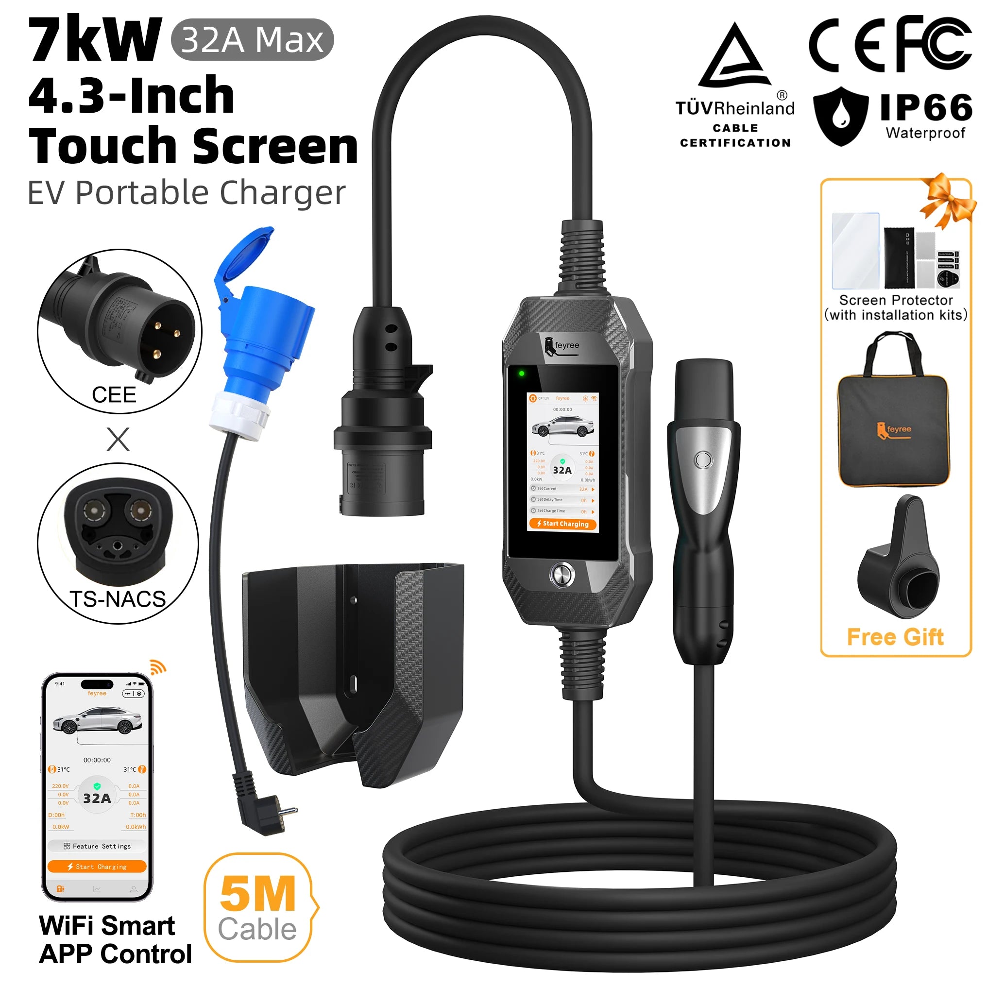Portable 7kW EV Charger with 4.3" Touchscreen & Smart WiFi App Control - 32