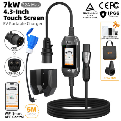 Portable 7kW EV Charger with 4.3" Touchscreen & Smart WiFi App Control