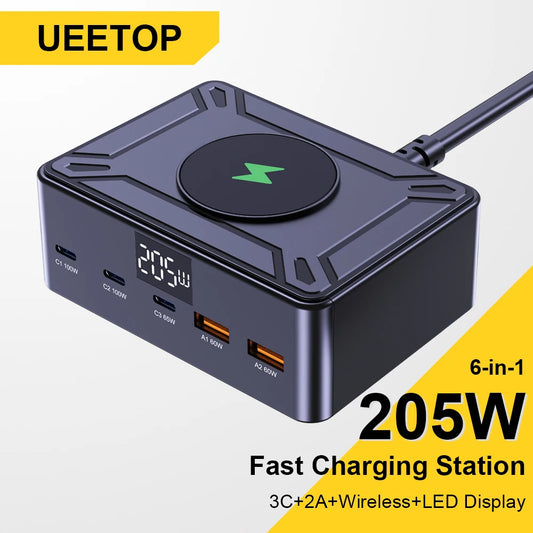 205W GaN Desktop Fast Charger - 6-in-1 USB-C PD Multi-Port Charging Station