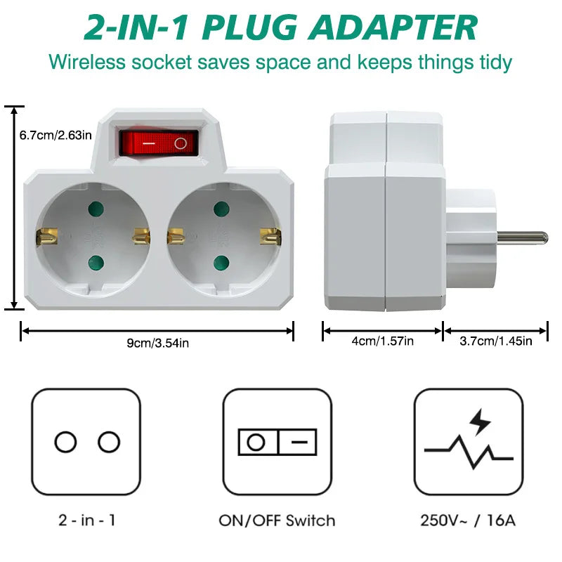 German Standard 2-Way Wall Socket Adapter with On/Off Switch & Surge Protection - 2
