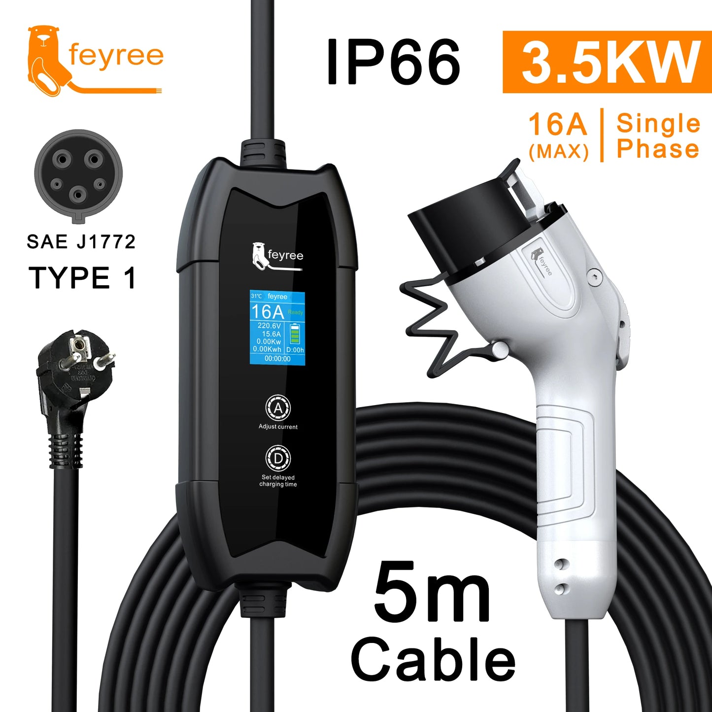 Portable 3.5KW EV Charger - 16A Adjustable Electric Vehicle Charging Cable