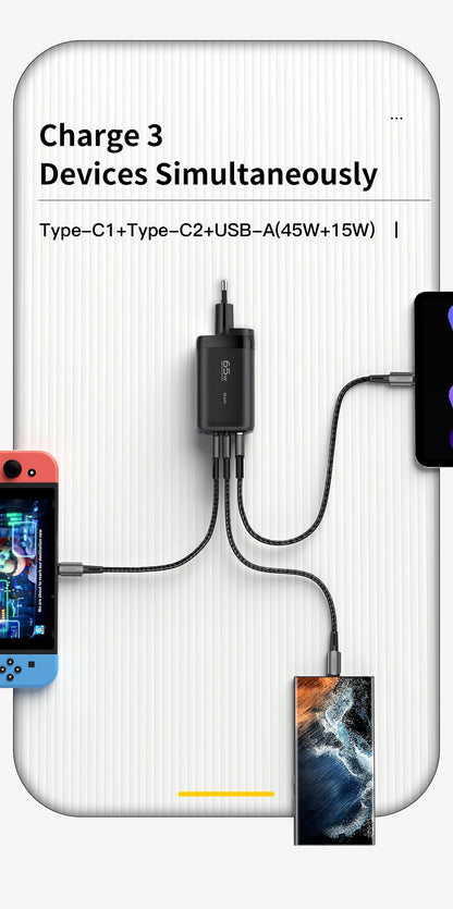 65W GaN Fast Charger - Triple Port USB-C Wall Charger for Laptop & Phone