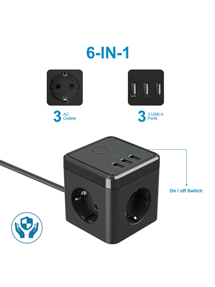 6-in-1 Cube Power Strip with 3 USB Ports & 2m Extension Cord - EU Plug - 3