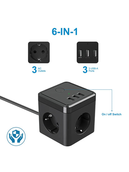 6-in-1 Cube Power Strip with 3 USB Ports & 2m Extension Cord - EU Plug