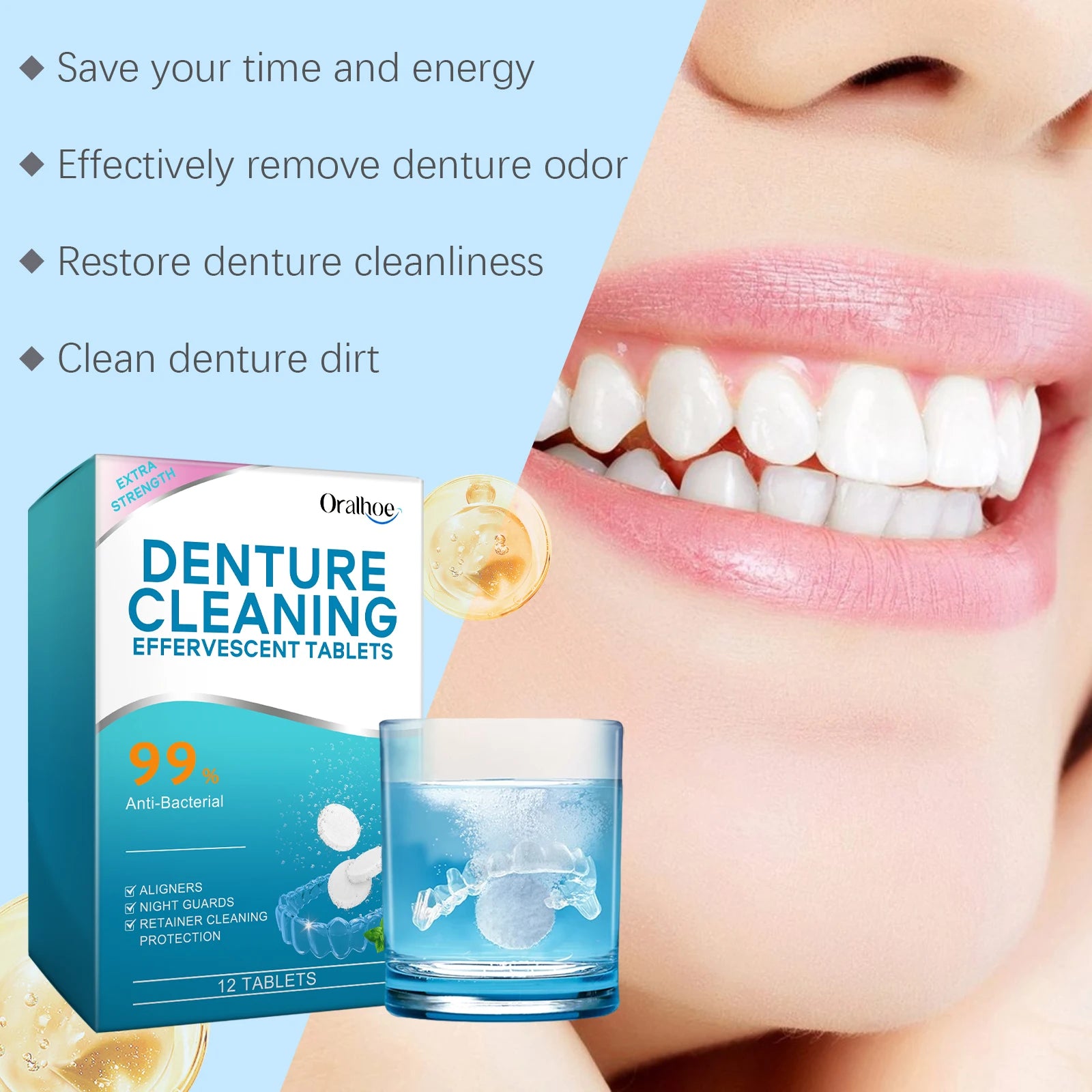 Denture Cleaning Effervescent Tablets - Antibacterial Retainer & Aligners Cleaner - 11