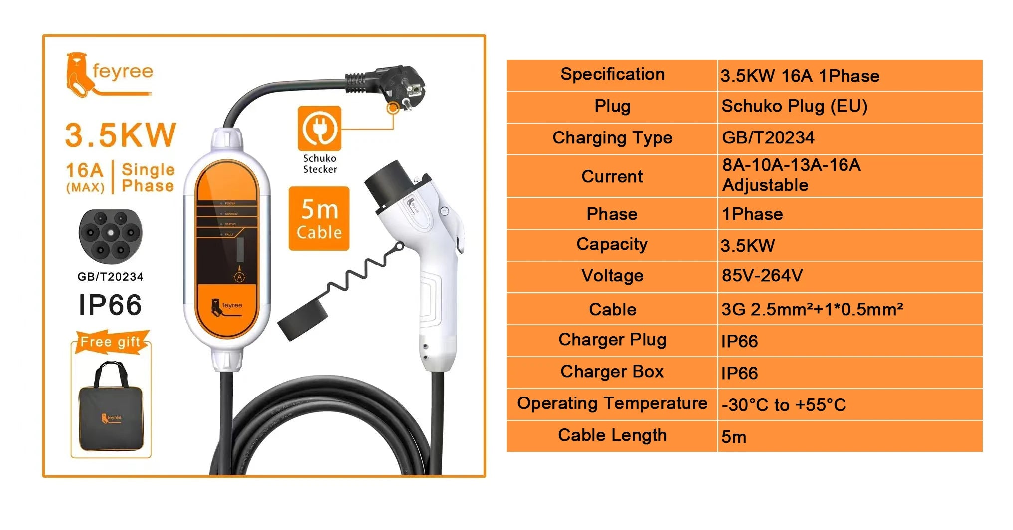 Portable GB/T Electric Vehicle EV Charger - Adjustable 3.5KW-11KW Power - 6