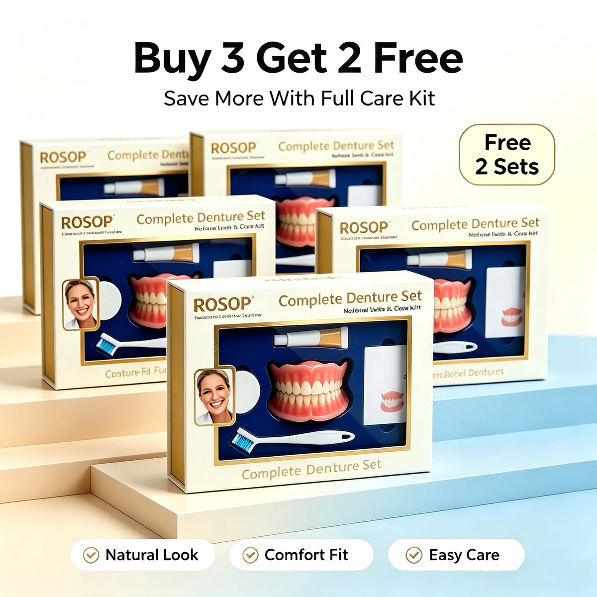 Natural Cosmetic Denture Set - Realistic Upper & Lower False Teeth Smile Makeover