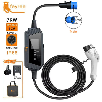7kW Portable EV Charger Level 2 J1772 Electric Vehicle Charging Cable 32A