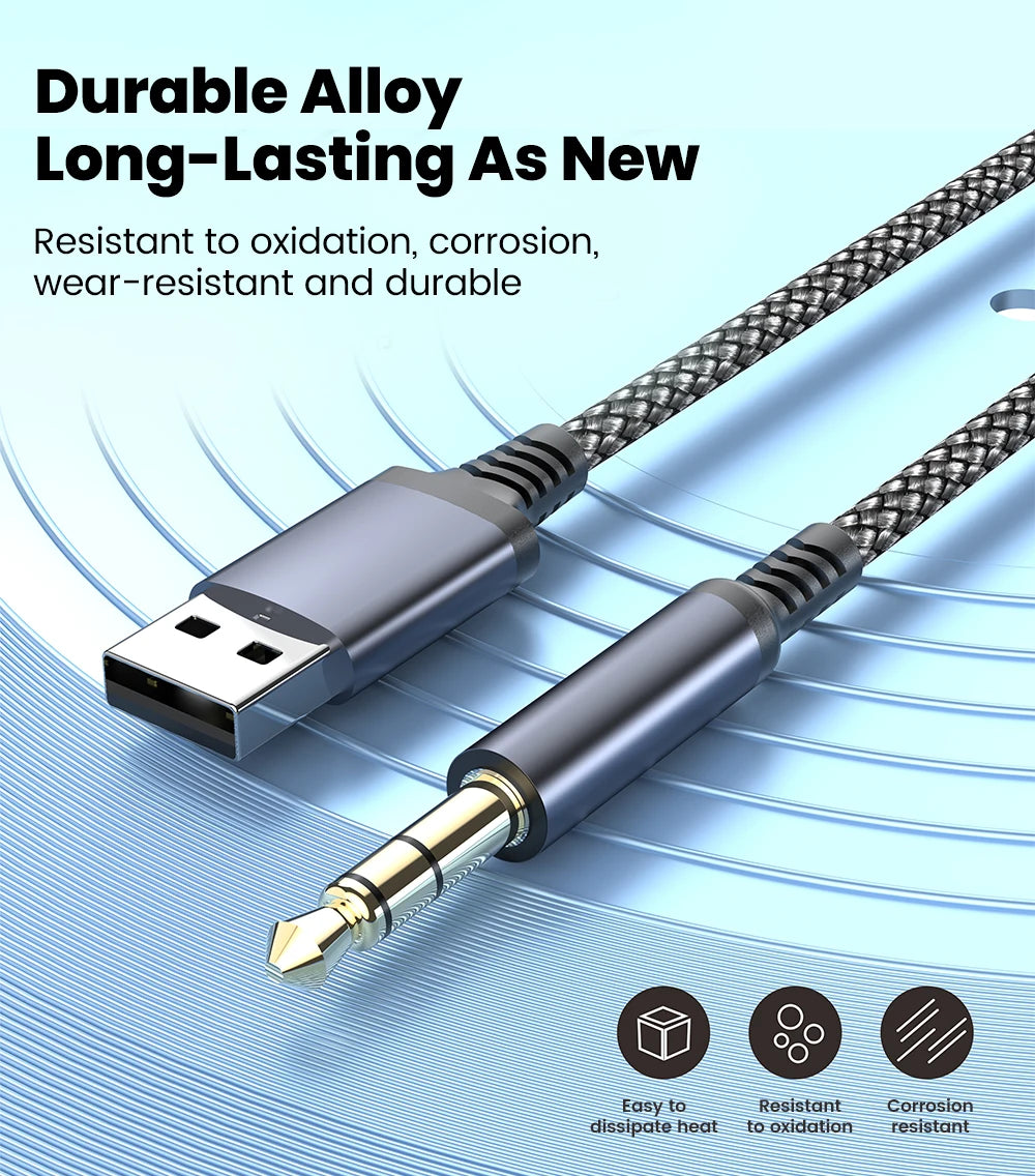 USB to 3.5mm Aux Audio Cable - Male to Male Stereo Adapter for Car & PC