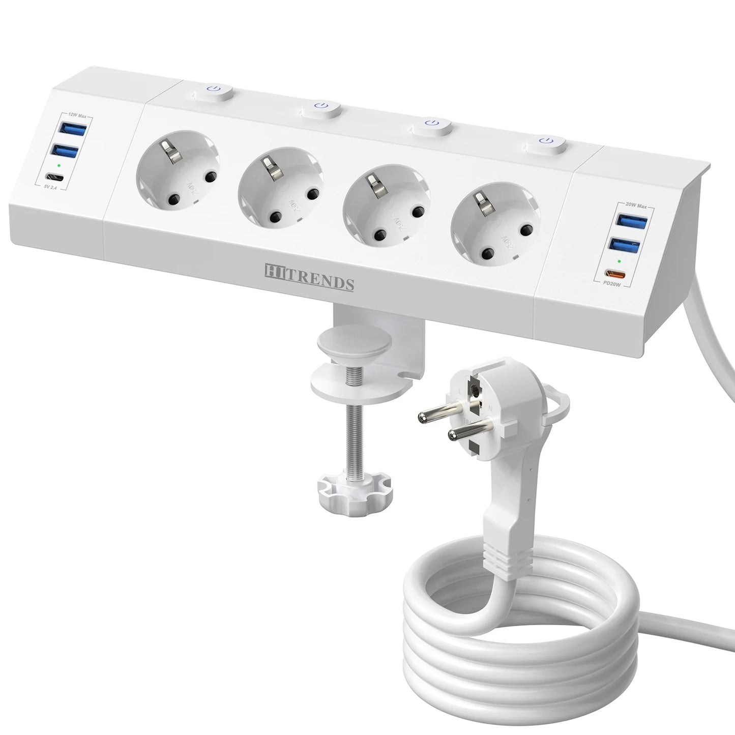 EU Desk Clamp Power Strip with 4 USB Ports, 2 USB-C & Surge Protection