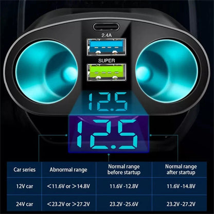 3-Port Fast Car Charger with Digital Display - PD20W & QC3.0 Adapter