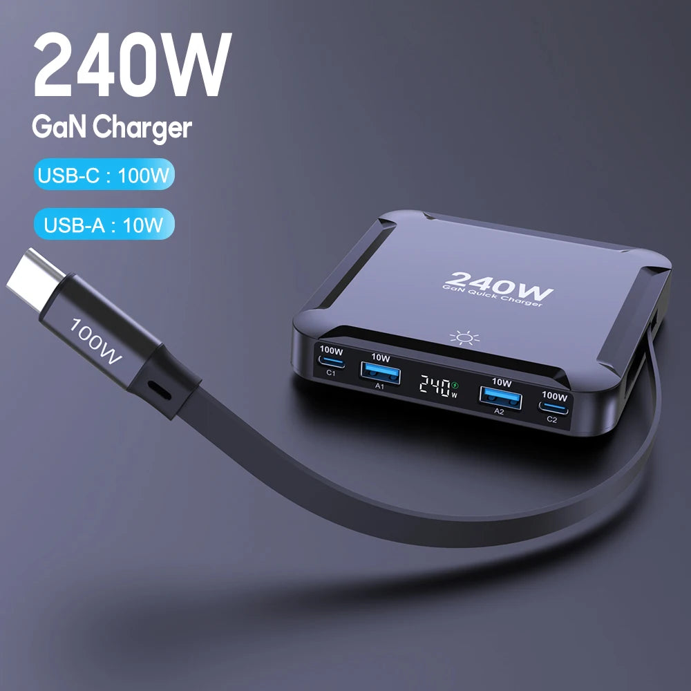 240W 5-in-1 GaN Fast Charging Station with 100W Retractable Cable - 1
